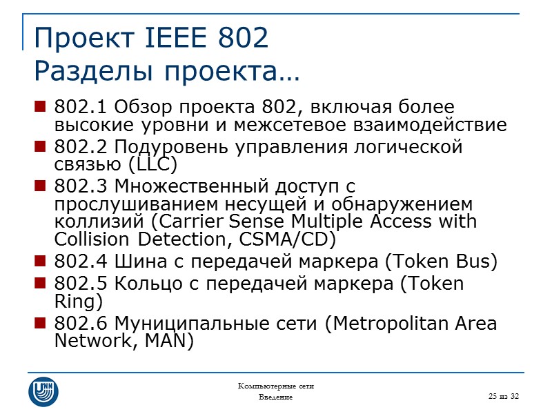 Компьютерные сети Введение 25 из 32 Проект IEEE 802 Разделы проекта… 802.1 Обзор проекта